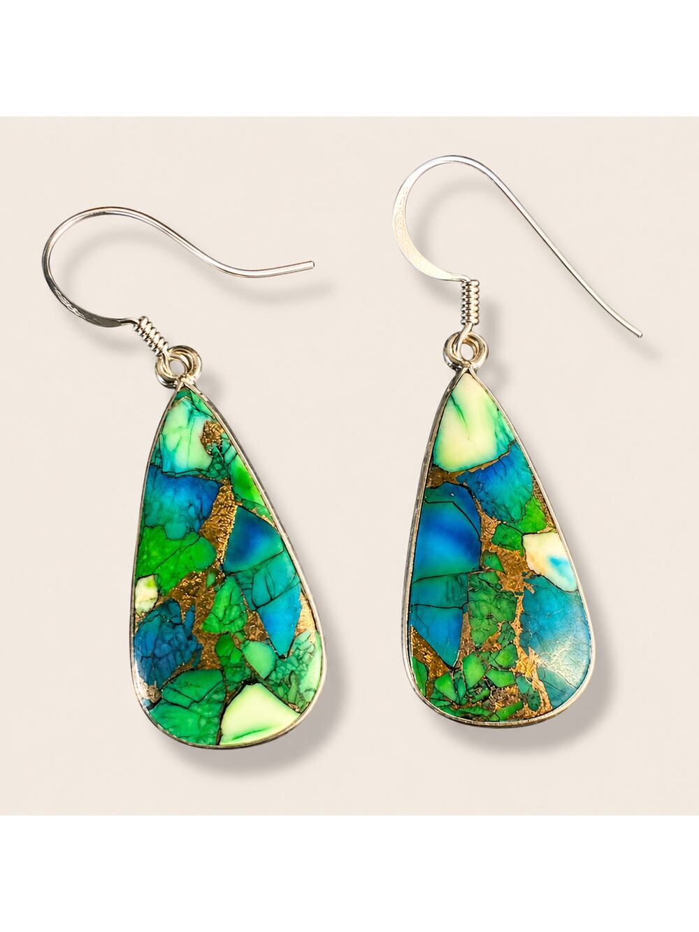 925 Sterling Silver Blue Green Mosaic Turquoise Teardrop Dangle Earrings New